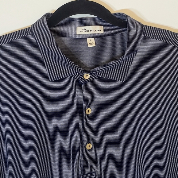 Peter Millar Golf Polo Shirt Pinstriped Navy Blue & White Sz Large 100% Cotton - Picture 3 of 12